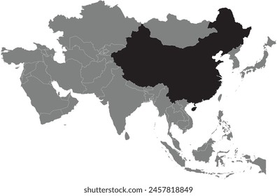 Highlighted black map of CHINA inside dark grey detailed blank political map of Asia using orthographic projection on transparent background, without Russia