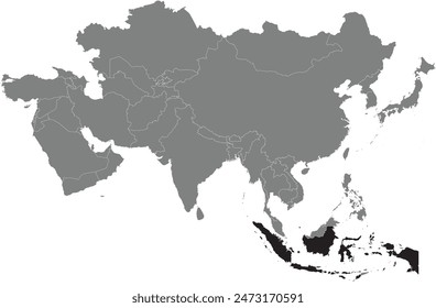 Mapa negro resaltado de INDONESIA dentro de gris oscuro mapa político detallado en blanco de Asia usando proyección ortográfica sobre fondo transparente, sin Rusia