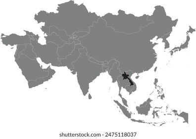 Highlighted black map of LAOS inside dark grey detailed blank political map of Asia using orthographic projection on transparent background, without Russia