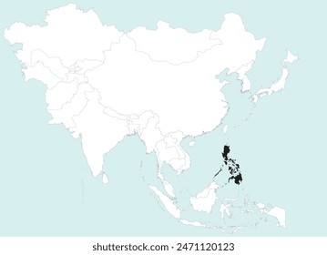 Highlighted black map of PHILIPPINES inside white detailed blank political map of Asia on blue background, without the Middle East and Russia