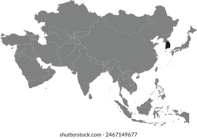 Mapa negro resaltado de COREA DEL SUR dentro de gris oscuro mapa político detallado en blanco de Asia usando proyección ortográfica sobre fondo transparente, sin Rusia