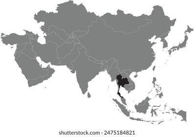 Hervorgehobene schwarze Karte von THAILAND innerhalb dunkelgrau Detaillierte leere politische Karte von Asien mit orthografischer Projektion auf transparentem Hintergrund, ohne Russland