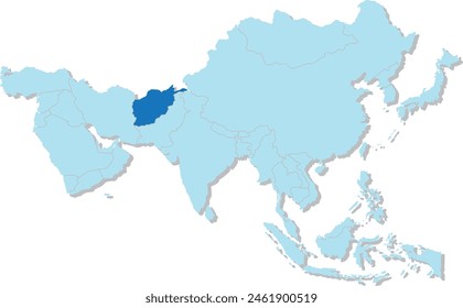 Mapa azul resaltado de AFGANISTÁN dentro de azul claro mapa político en blanco 3D de Asia proyección ortográfica sobre fondo transparente, sin Rusia