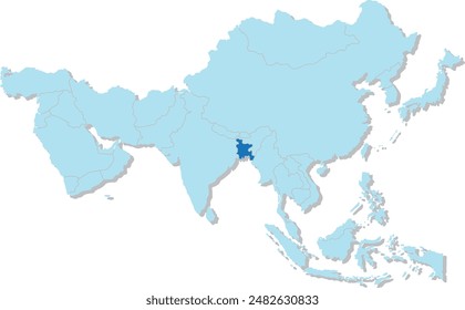 Mapa azul resaltado de BANGLADESH dentro del mapa político en blanco 3D azul claro de Asia proyección ortográfica sobre fondo transparente, sin Rusia