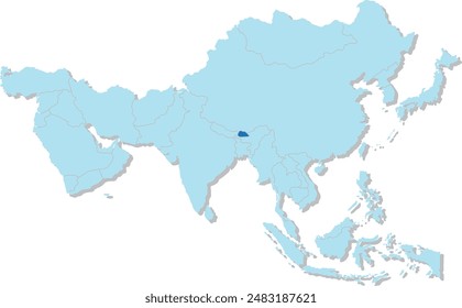 Mapa azul resaltado de BUTÁN dentro de azul claro mapa político en blanco 3D de Asia proyección ortográfica sobre fondo transparente, sin Rusia