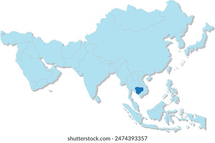 Mapa azul resaltado de CAMBOYA dentro del mapa político en blanco 3D azul claro de Asia proyección ortográfica sobre fondo transparente, sin Rusia