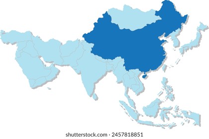 Mapa azul resaltado de CHINA dentro de azul claro mapa político en blanco 3D de Asia proyección ortográfica sobre fondo transparente, sin Rusia