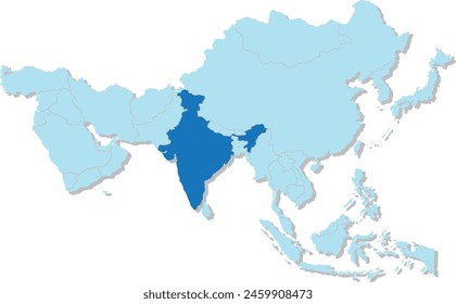 Mapa azul resaltado de INDIA dentro de azul claro 3D mapa político en blanco de Asia proyección ortográfica sobre fondo transparente, sin Rusia