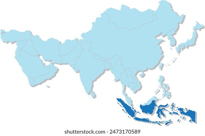 Mapa azul resaltado de INDONESIA dentro de azul claro mapa político en blanco 3D de Asia proyección ortográfica sobre fondo transparente, sin Rusia