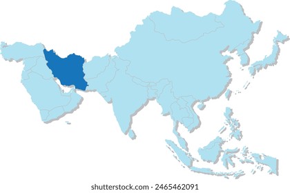 Mapa azul resaltado de IRÁN dentro del mapa político en blanco 3D azul claro de Asia proyección ortográfica sobre fondo transparente, sin Rusia