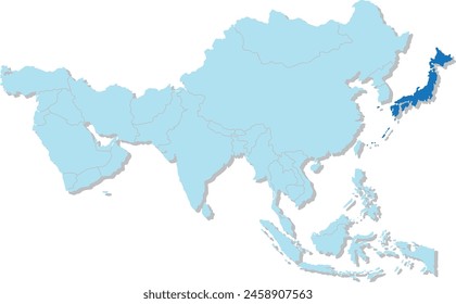 Mapa azul resaltado de JAPÓN dentro de azul claro 3D mapa político en blanco de Asia proyección ortográfica sobre fondo transparente, sin Rusia