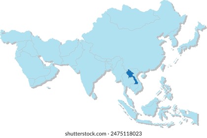 Mapa azul resaltado de LAOS dentro de azul claro mapa político en blanco 3D de Asia proyección ortográfica sobre fondo transparente, sin Rusia