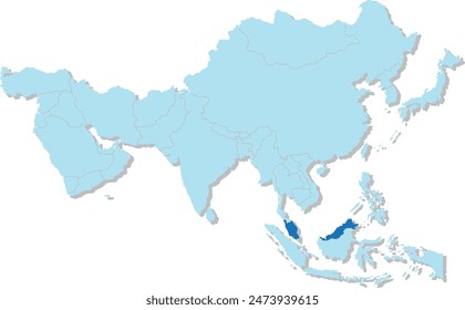 Mapa azul resaltado de MALASIA dentro de azul claro mapa político en blanco 3D de Asia proyección ortográfica sobre fondo transparente, sin Rusia