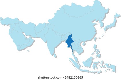 Mapa azul resaltado de MYANMAR dentro de azul claro mapa político en blanco 3D de Asia proyección ortográfica sobre fondo transparente, sin Rusia