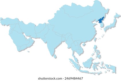 Mapa azul resaltado de COREA DEL NORTE dentro de azul claro mapa político en blanco 3D de Asia proyección ortográfica sobre fondo transparente, sin Rusia