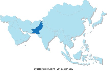 Mapa azul resaltado de PAKISTÁN dentro del mapa político en blanco 3D azul claro de Asia proyección ortográfica sobre fondo transparente, sin Rusia