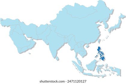 Mapa azul resaltado de FILIPINAS dentro del mapa político en blanco 3D azul claro de Asia proyección ortográfica sobre fondo transparente, sin Rusia