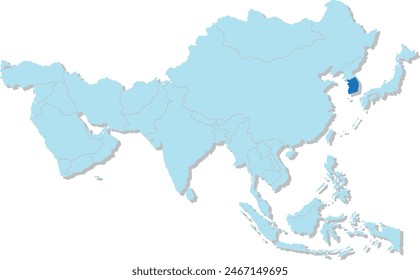 Mapa azul resaltado de COREA DEL SUR dentro de azul claro mapa político en blanco 3D de Asia proyección ortográfica sobre fondo transparente, sin Rusia