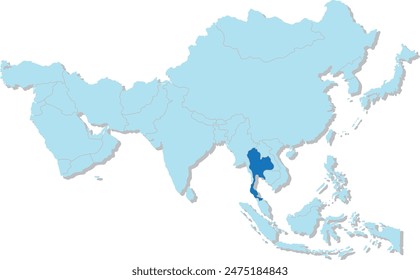 Mapa azul resaltado de TAILANDIA dentro de azul claro mapa político en blanco 3D de Asia proyección ortográfica sobre fondo transparente, sin Rusia