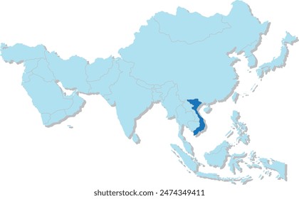 Mapa azul resaltado de VIETNAM dentro de azul claro mapa político en blanco 3D de Asia proyección ortográfica sobre fondo transparente, sin Rusia