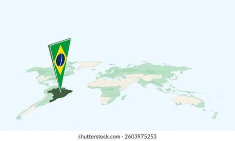 Highlighted Brazil on Global Map with 3D Flag Location Pin of Brazil. The image symbolizes travel, geography, international identity, and global navigation.