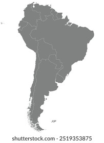 Mapa político em branco detalhado em destaque do continente sul-americano (latino) sobre fundo isolado