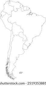 Highlighted detailed blank flat political map of South (Latin) American continent on isolated background
