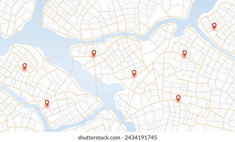 Highlighted featuring points of interest. An abstract navigation plan on map above view. Vector illustration of city map on white background