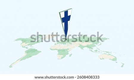 Highlighted Finland on Global Map with 3D Flag Location Pin of Finland. The image symbolizes travel, geography, international identity, and global navigation.