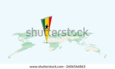 Highlighted Ghana on Global Map with 3D Flag Location Pin of Ghana. The image symbolizes travel, geography, international identity, and global navigation.