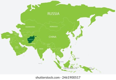 Mapa verde destacado de AFGANISTÁN dentro del mapa político verde claro de Asia usando proyección ortográfica sobre fondo azul claro