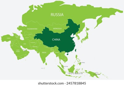 Mapa verde destacado de CHINA dentro del mapa político verde claro de Asia usando proyección ortográfica sobre fondo azul claro