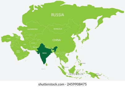 Mapa verde destacado de INDIA dentro del mapa político verde claro de Asia usando proyección ortográfica sobre fondo azul claro