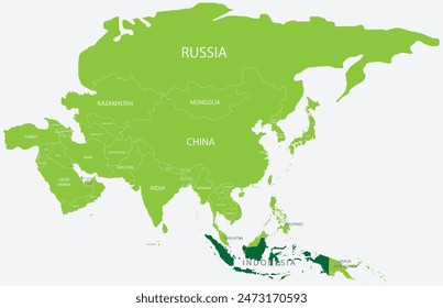 Hervorgehobene grüne Karte von INDONESIEN innerhalb hellgrüner politischer Karte von Asien mit orthografischer Projektion auf hellblauem Hintergrund