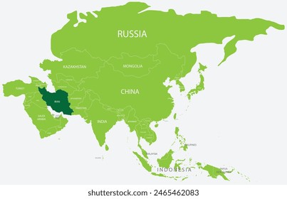 Highlighted green map of IRAN inside light green political map of Asia using orthographic projection on light blue background