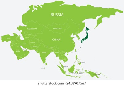 Mapa verde resaltado de JAPÓN dentro del mapa político verde claro de Asia usando proyección ortográfica sobre fondo azul claro