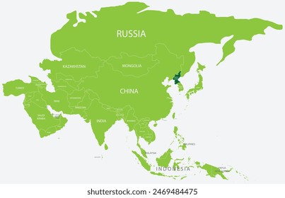 Mapa verde resaltado de COREA DEL NORTE dentro del mapa político verde claro de Asia usando proyección ortográfica sobre fondo azul claro