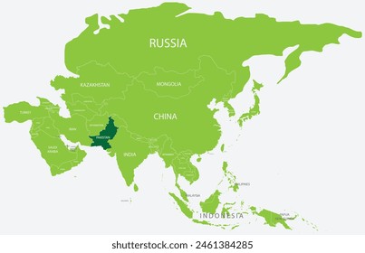 Hervorgehobene grüne Karte von PAKISTAN innerhalb der hellgrünen politischen Karte Asiens mit orthografischer Projektion auf hellblauem Hintergrund