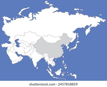 Highlighted grey map of CHINA inside white political map of Asia using orthographic projection on dark blue background