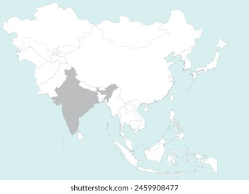 Highlighted grey map of INDIA inside white detailed blank political map of Asia on blue background, without the Middle East and Russia