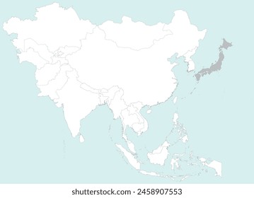 Highlighted grey map of JAPAN inside white detailed blank political map of Asia on blue background, without the Middle East and Russia