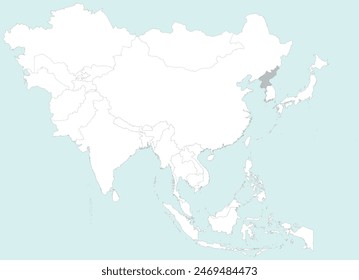 Highlighted grey map of NORTH KOREA inside white detailed blank political map of Asia on blue background, without the Middle East and Russia