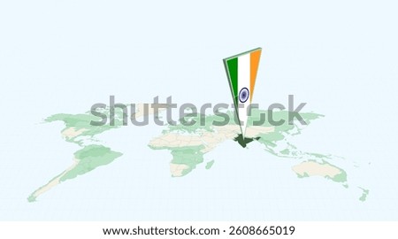 Highlighted India on Global Map with 3D Flag Location Pin of India. The image symbolizes travel, geography, international identity, and global navigation.