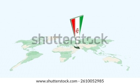 Highlighted Iran on Global Map with 3D Flag Location Pin of Iran. The image symbolizes travel, geography, international identity, and global navigation.