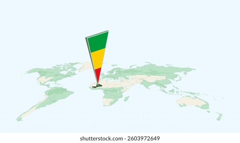 Highlighted Mali on Global Map with 3D Flag Location Pin of Mali. The image symbolizes travel, geography, international identity, and global navigation.