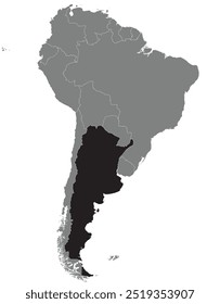 Mapa em destaque de ARGENTINA dentro de detalhado mapa em branco plano político do continente sul (latino)-americano sobre fundo isolado