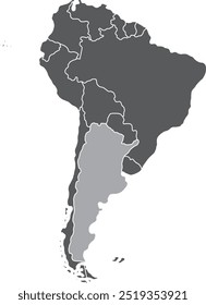 Mapa em destaque de ARGENTINA dentro de detalhado mapa em branco plano político do continente sul (latino)-americano sobre fundo isolado