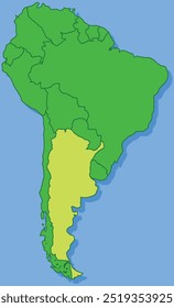 Mapa em destaque de ARGENTINA dentro de detalhado mapa em branco plano político do continente sul (latino)-americano sobre fundo isolado