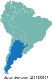 Hervorgehobene Karte von ARGENTINIEN in detaillierter, flacher politischer Karte des südamerikanischen Kontinents auf isoliertem Hintergrund