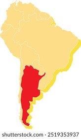 Highlighted map of ARGENTINA inside detailed blank flat political map of South (Latin) American continent on isolated background